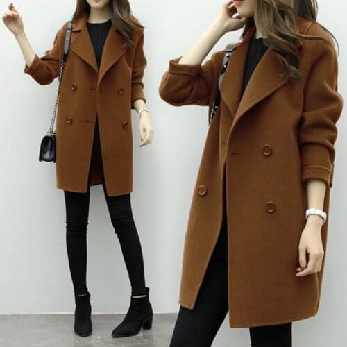Autumn Winter Korean Thin Wool Womens Wool Blend Coat Turn Down Collar Slim Belt Double Breasted Loose and thin cocoons type