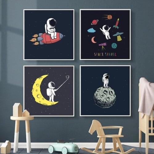 Cartoon Rocket Astronauts Moon Posters Prints for Boy Bedroom Decor Nursery Wall Art Picture Canvas Painting for Kids Room Decor