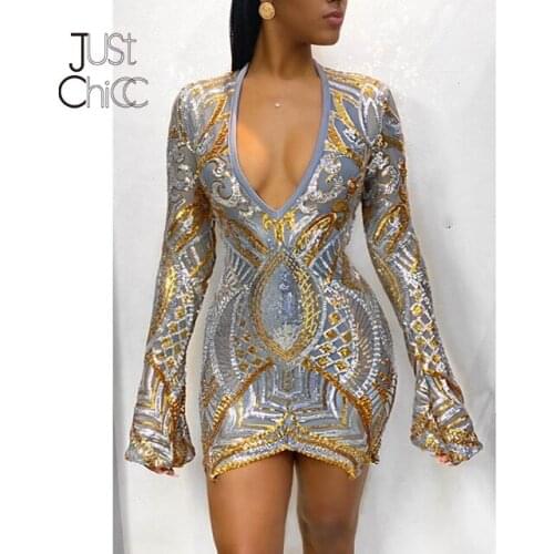 Justchicc V Neck Autumn Winter Sequins Dress Women Wrap Bodycon MIni Dresses Ladies Cocktail Nightclub Party Dress Vestidos