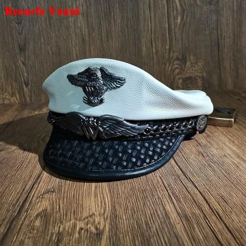 Luxurious German Navy Hat Mens Top Leather Retro Flat Peaked Caps Evil Ruffian Locomotive Short Brim Sailor Captain Beret
