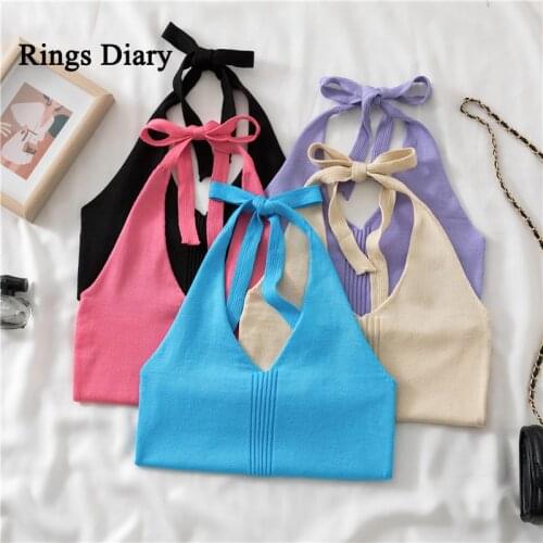 Rings Diary Women Halter V Neck Sexy Tops Bow Tied Backless Knitting Crop Top Summer Hawaiian Style Sexy Sleeveless Beach Tops