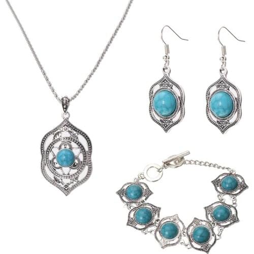 Bohemian Retro Ethnic Exaggerated Women Necklace Bracelet Elegant Earrings Vintage Sliver Plated Birthday Gifts Jewelry Sets