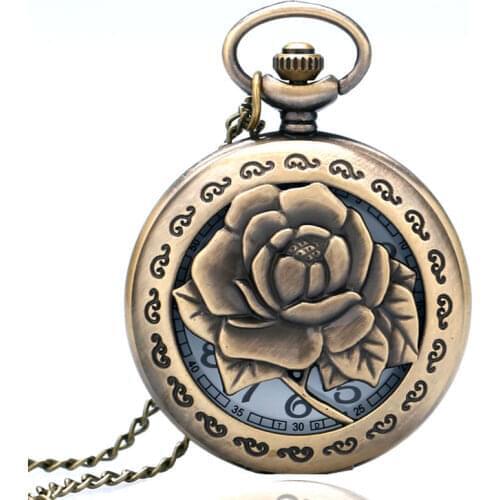 Vintage Bronze Antique Rose Flower Quartz Pocket Watch Necklace Pendant Chian Women Men Birthday Gifts Relogio De Bolso P243