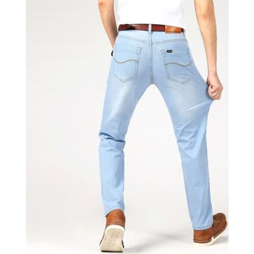 High-quality retro Fashion Classic Style Light Blue Elastic Solid Color Slim fit denim pants men 2021 Summer New Mens jeans