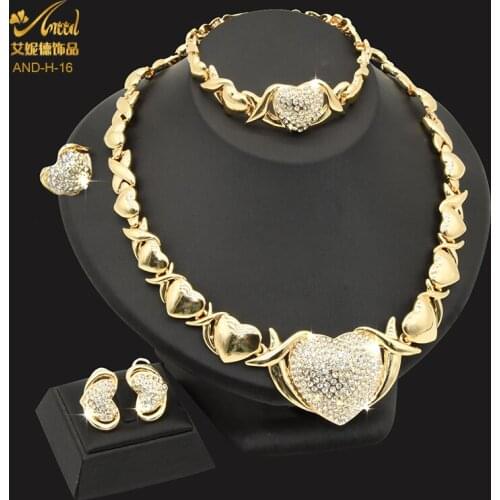 Xoxo Heart Indian Jewelry Set Dubai Gold For Women African Necklace Bracelets Earrings Set Crystal Nigerian Wedding Jewellery
