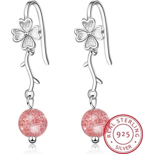 Sweet Natural Strawberry Crystal Long Ear Hook 925 Sterling Silver Plum blossom Flower Earrings For Women Gift oorbellen S-E848