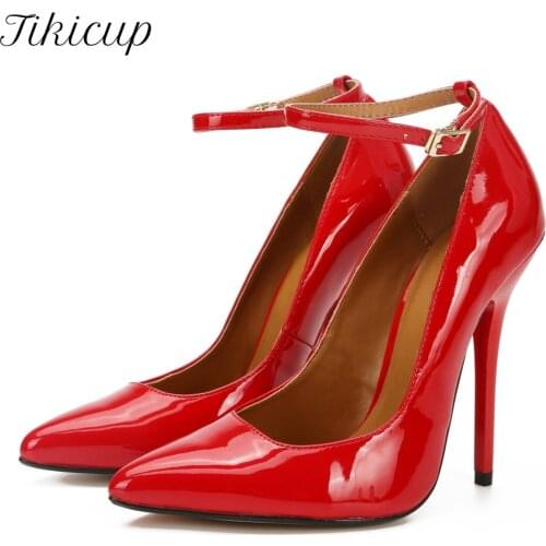 Tikicup Plus Size 40-48 Women Ankle Strap 13cm High Heel Pumps Pointed Toe Patent Stilettos Sexy Crossdresser Unisex Shoes