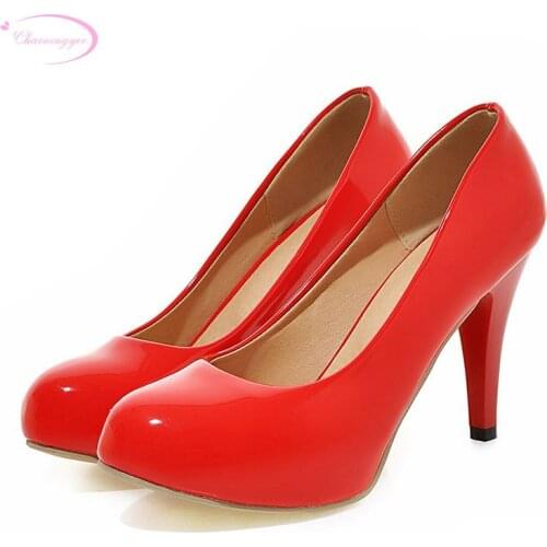 Chainingyee leisure style comfortable round toe pumps slip-on black white red green pink yellow high heels womens shoes