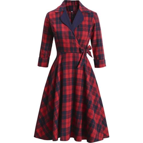 Womens XMAS Christmas Scottish Elegant Vintage Red Plaid Long Sleeve Bow Evening Party Dinner Maxi Dress