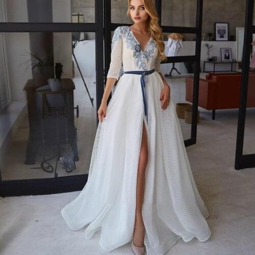 New Design Boho A Line Wedding Dresses Long 3/4 Sleeves Front Split Beach Bridal Gowns Princess Vestido Novia