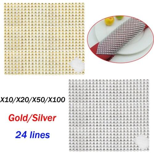 10/20/50/100pcs 24 Rows Gold Silver Plastic Rhinestone Diamond Mesh Wedding Banquet Decor DIY 24 Rows Diamond Mesh Ribbon
