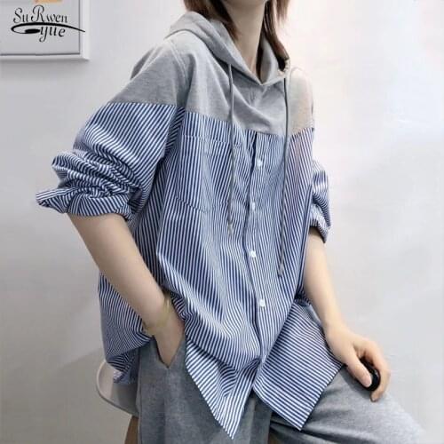 2021 Spring Plus Size Hooded Striped Stitching Female Korean Style Loose Hoodies Women Office Drawstring Tops Sweatshirts 11943