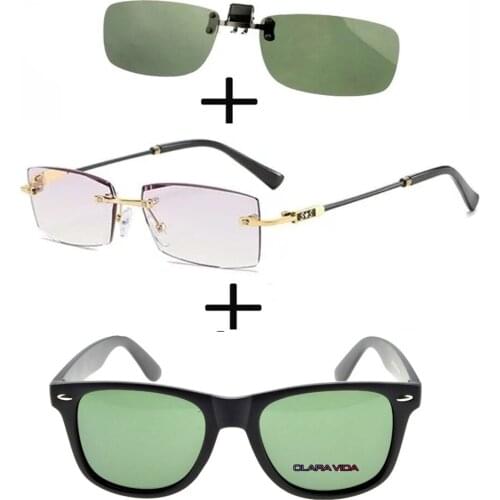3Pcs!!! Rimless Frameless Luxury Reading Glasses for Men Women + Polarized Sunglasses Squared Ultralight + Sunglasses Clip