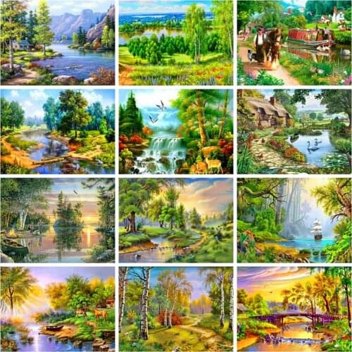 Huacan Diamond Embroidery Forset Tree Scenery Diamond Painting Natural Landscape Mosaic River Sunset Home Decor
