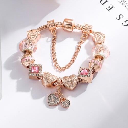 Seialoy Rose Gold Heart Charm Bracelets For Women Original Pink Crystal MOM Love Heart Beaded Bracelet Bangle women Jewelry Gift