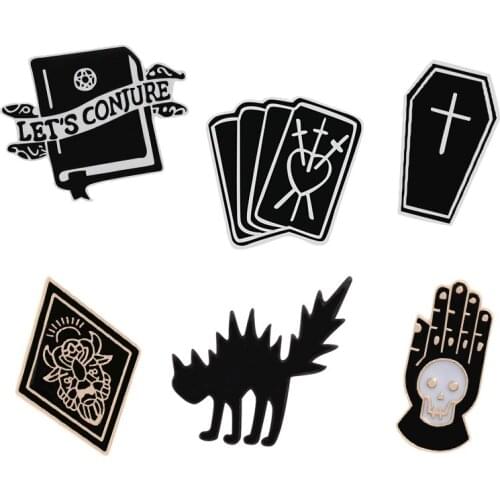 Punk Brooches Gothic Dark Coffin Book Hand Cat Witches Enamel Lapel Pin Backpack Shirt Pins Badges Jewelry Halloween Party Gifts