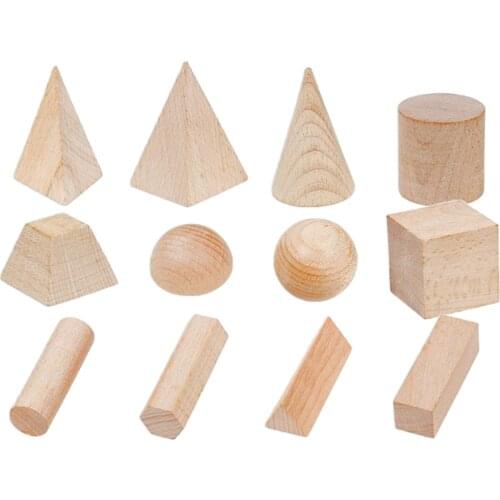 Wooden Blocks 12pcs Wood Building Block Set with Carrying Container, Wood Color, Geometric Shape Assembling Baby Wood Toy