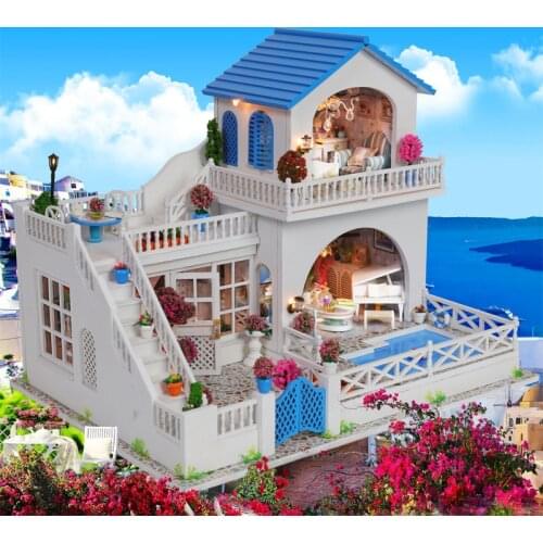 DIY Wooden Dollhouses Blue Romantic Travel Villa Assembled Miniature with Furniture Doll House Toys for Kids Girls Adult Gift