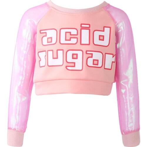 Kids Girls See-through Glittering Mesh Long Sleeves Alphabet Print Cropped T-shirt for Modern Dance Jazz Gymnastics Dancewear