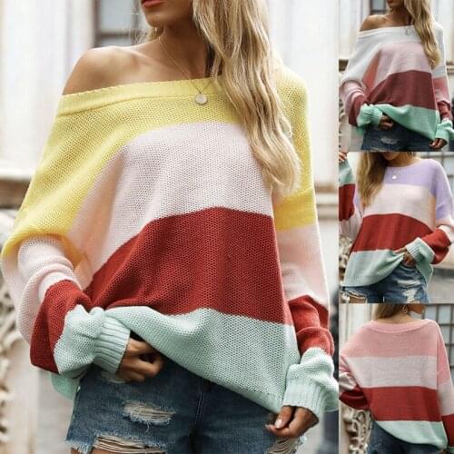 Womens Off-Shoulder Long-Sleeved Knitted Sweater Lantern Sleeve Striped Color-Blocking Sweater
