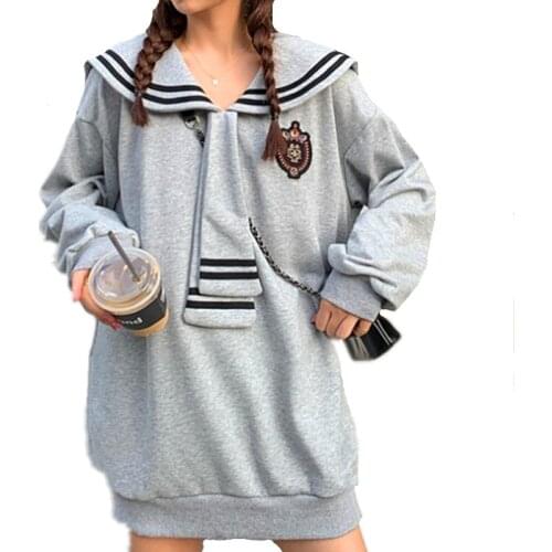 Preppy Style Cute Oversized Long Hoodie Women Crew Neck Sweatshirts Harajuku Streetwear Teenager School Girl Kawaii Pullover Top