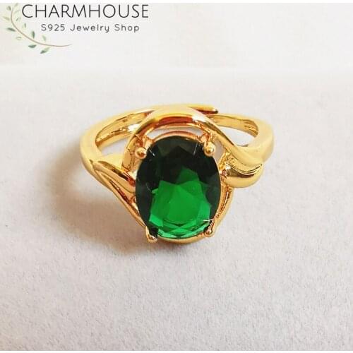 Charmhouse Wedding Rings For Women Pure Yellow Gold Color GP Zirconia Finger Ring With Green Crystal Rhinestone Engagement Anel
