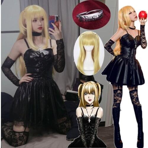 Death Note Cosplay Costume Misa Amane Imitation Leather Sexy Dress +gloves+stockings+necklace Uniform Outfit Cosplay Costume Wig