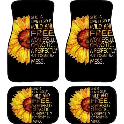 Car Front and Rear Floor Mat Anti Slip Black Sunflower Car Mat Carpet Suitable for SUV, Van, Car, Truck, Set Car Mats Floor