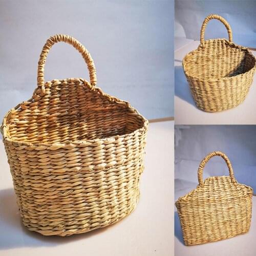 Wall Hanging Woven Basket Home Decor Rustic Straw Storage Basket Rattan Straw Woven Plant Holder House Storage Shelf Display