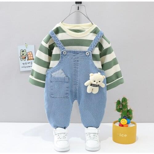 Autumn new 0-4-year-old baby cute bear suspender Pants Boys and girls striped top cowboy suspender Pants Set childrens set
