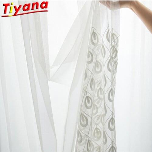 Pea cock Feather Embroidered Tulle Curtains for Living Room Chinese Bird White Feather Sheer Tulle Guaze for Bedroom X-HM468*VT