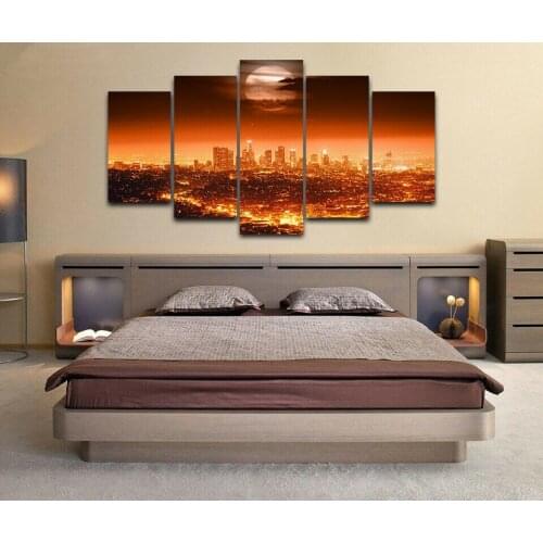 Los Angeles Skyline LA Moon Poster 5 Piece Canvas Print Wall Art Decor HD Print Pictures Home Decor Paintings 5 panel No Framed