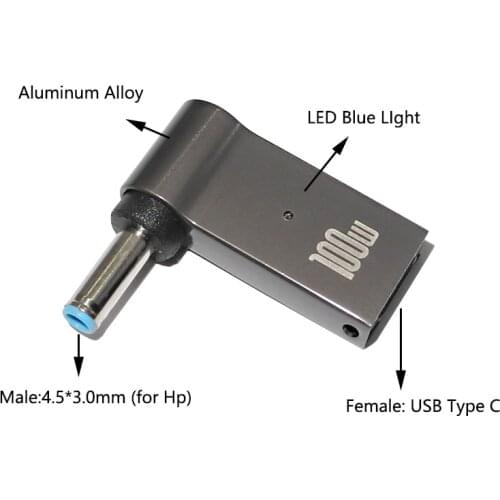 100W PD Spoof Plug Converter USB C Female to 4.5x3.0mm Male Connector Laptop Dc Power Jack Fast Charging Cable Cord for Hp