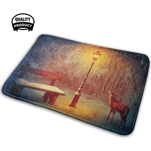 Silent Winter Night 3D Household Goods Mat Rug Carpet Cushion Snow Winter Night Scene Park Doe Bench Lamp Forest Ice Lantern