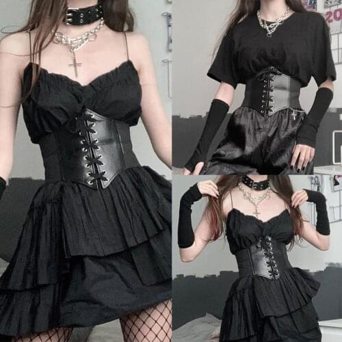 Gothic Dark Lace Up Crop Top Women Corset Belt Slim PU Tops Leather To Out Wear Top Bustier Cummerbunds Harness