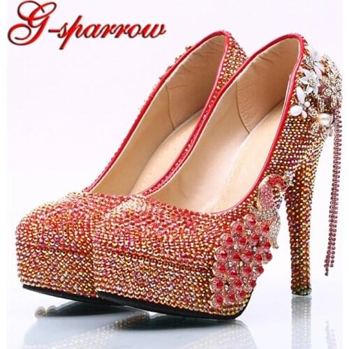 Gorgeous New Style Red AB Rhinestone Wedding Bridal Shoes with Phoenix Round Toe Blingbling Bride Party Ceremony Pumps Size 44