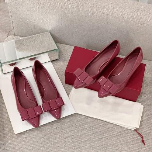 2021 New Womens Shoes Genuine Leather Shoes For Woman Pointed Toe Bow Shoes Slip On Shallow Pumps Low Kitten Heels For Woman