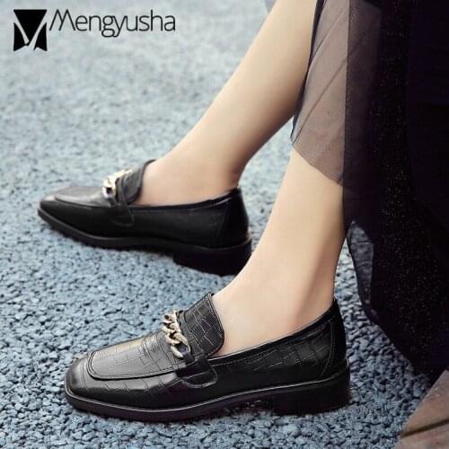 British style crocodile pattern leather shoes woman square toe metal chains oxford shoes black/brown derby flats big size 43-45