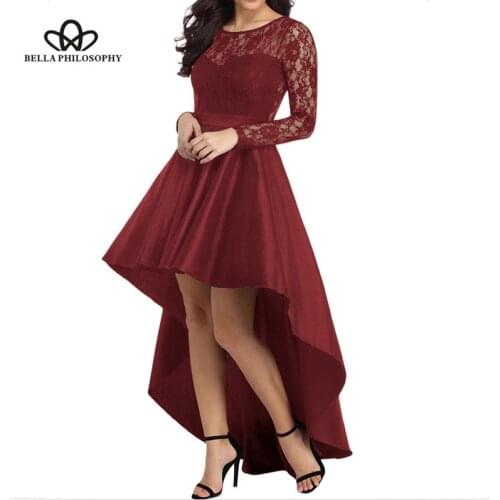 Bella Philosophy Solid Long Sleeves Lace Women Dress Tailcoat High Low Satin Party Dress Sexy Ladies High LowDress