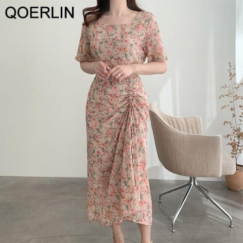 QOERLIN Chic Elegant Temperament Square Neck Drawstring Ruffle High Waist Slim Dress Plus Size Black Dress Printed Short Sleeve