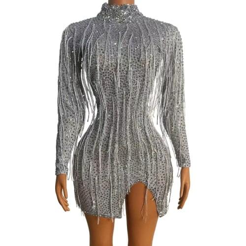 Sparkly Rhinestone Fringes Short Dress Women Sexy Split Birthday Prom Party Bodycon Dress Nightclub Singer Dancer Dance Costume
