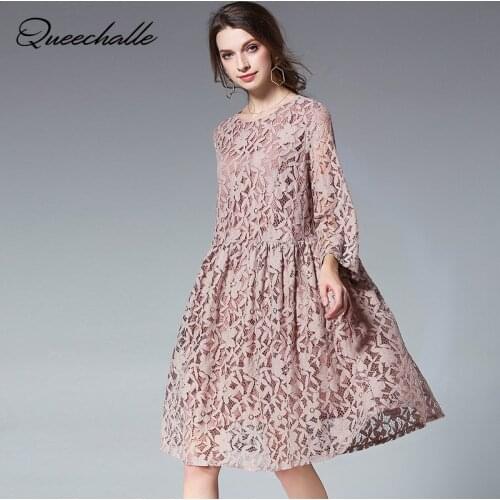 Queechalle 4XL Plus Size Lace Sweet Party Dresses for Women Three Quarter Hollow Out Flare Sleeve A-line Dress Dark Pink Black