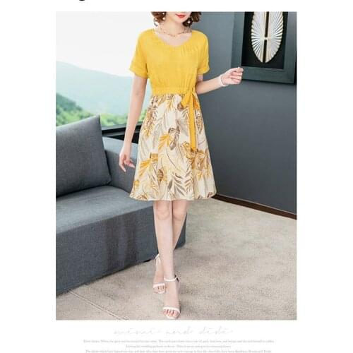 Yellow Vestidos womens simulation silk stitching color elegant lady style V-neck short sleeve bow tie belt fashion dress D313