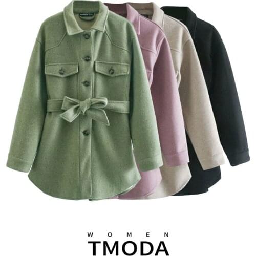 TMODA346 Women Za Fashion with Belt Loose Woolen Jacket Coat Vintage Long Sleeve Side Pockets Female Outerwear Chic Overcoat
