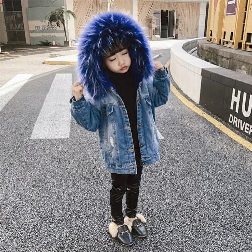 Winter Children Plus Velvet Denim Coat Girls Cotton Denim Fur Collar Jacket Kids Girls Hooded Thickening Warm Parkas Outwear