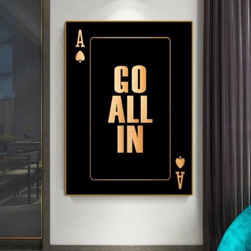 Golden Silver Canvas Painting Go All In Motivational Quote Wall Art Posters and Prints Decorative Picture for Office Home Decor