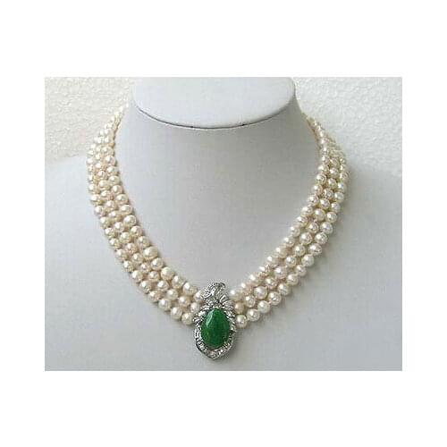 3 Rows 7-8mm Genuine White Pearl Emerald Green Jade Pendant Necklace