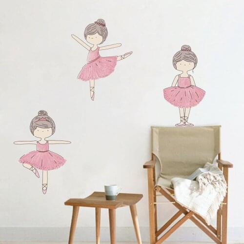 3 Pcs/ Set Ins Pink Cartoon Ballet Girl Wall Stickers Dancing Girl Decals for Kids Rooms Girls Bedroom Dance Room Home Decor