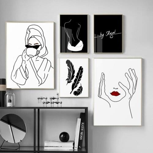 Abstract Female Curves Picture Black Feather Canvas Painting Wall Art Woman Drinking Coffee Poster and Print Nordic Home Decor