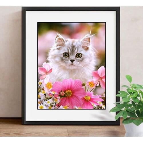 Cat and Flower Diamond Painting Embroidery with Crystal Animals Diamond Cross Stitch Square Picture of Rhinestones Decor